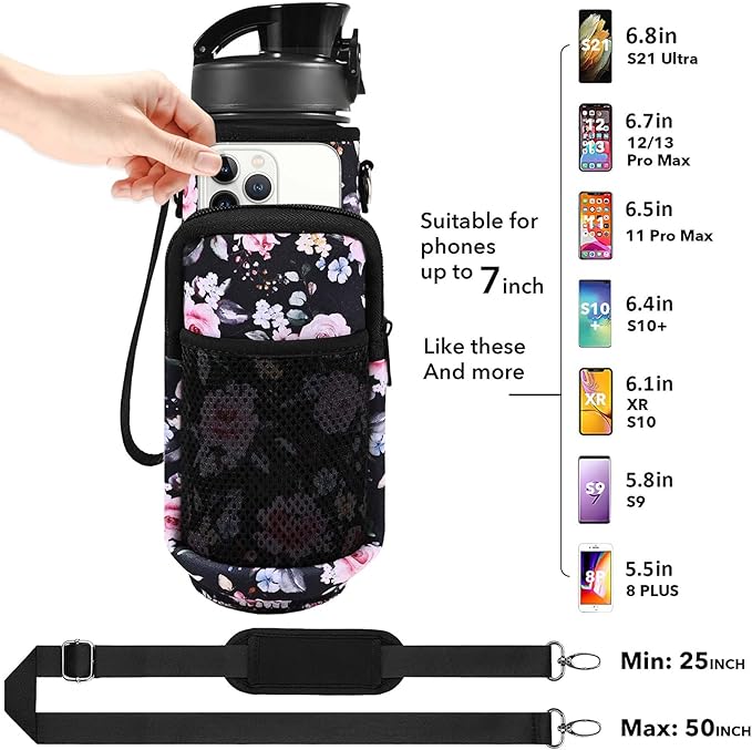 32 oz Water Bottle with Straw and Sleeve, Motivational Water Bottle with Time Marker and Adjustable Shoulder Strap, BPA Free Leakproof Sport Water Jug for Hiking, Gym