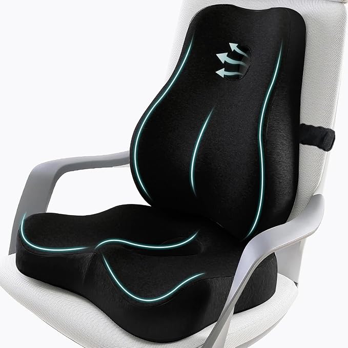 Seat Cushion & Lumbar Support Pillow Set for Office Chair, Ergonomic Pillow for Sciatica Pain Relief, Memory Foam Back Support Pillow & Chair Cushion for Gaming Chair and Travel (Black)