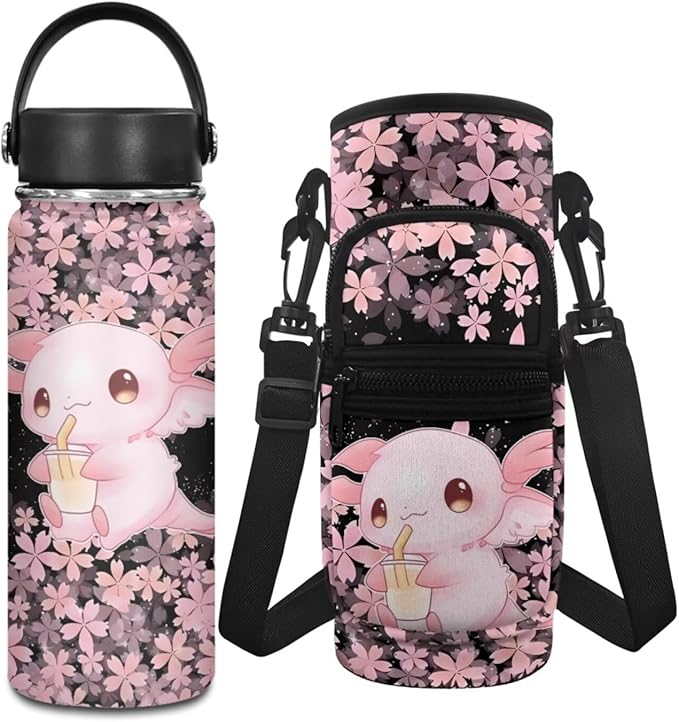 Axolotl Stainless Steel Water Bottle Cherry Blossom Insulated Water Bottle and Water Bottle Carrier Bag Set Reusable Water Bottle