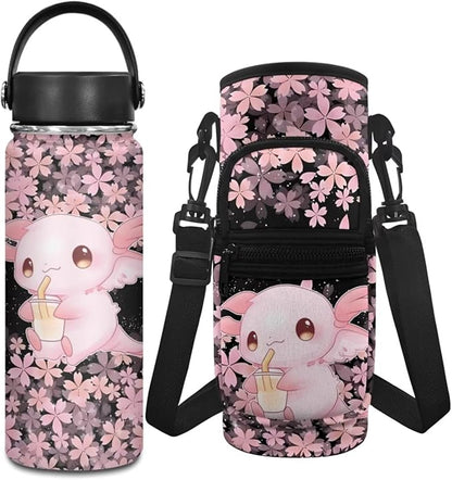 Axolotl Stainless Steel Water Bottle Cherry Blossom Insulated Water Bottle and Water Bottle Carrier Bag Set Reusable Water Bottle