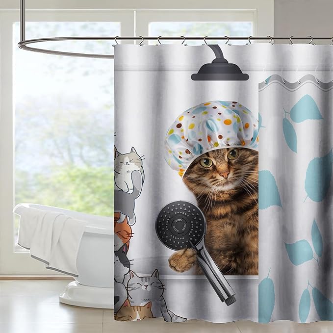 AILONEN Funny Cat with Shower Cap Shower Curtain for Kids 72" W*78" H Inch,Cute Cartoon Animals Bathroom Curtain,12 Pack Hooks Polyester Waterproof Fabric Decor for Bathroom,White