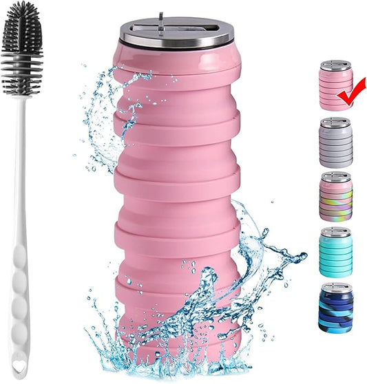 BeHeSo Collapsible Water Bottles with Silicone Brush - Straw Silicone Foldable Water Bottle Reusable Camping Cup Leak Proof Portable Travel Sport Water Bottle-500ml/17oz (Pink)