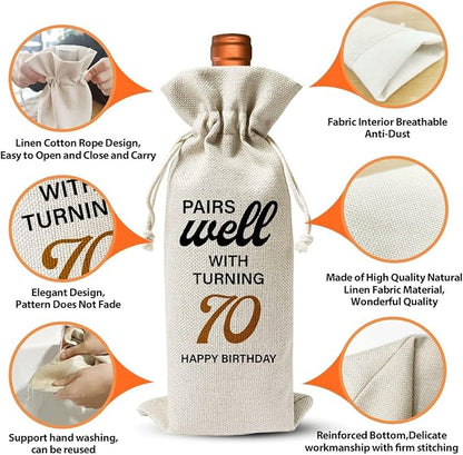 70th Birthday Wine Gift Bag For Mom Dad Women Men Her Him Grandfather Grandmother, 1954 Birthday Gift, 70th Birthday Party Supply Favors, 70th Anniversary Wine Bag, Reusable Linen Wine Bag Gift
