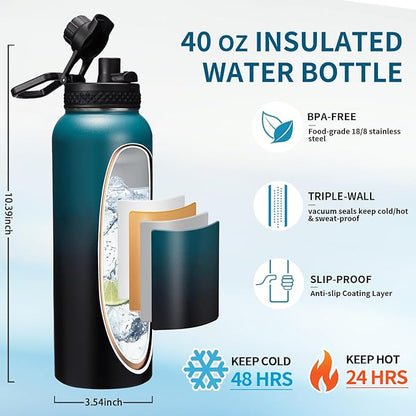 40OZ Vacuum Insulated Water Bottle - Keep Cold 48H Hot 24H, Combo Straw & Spout Lids, Survival Paracord Handle, Bottle Carrier Bag w/ Strap, Protective Cup Mat, Stainless Steel Waterbottle Flask Jug
