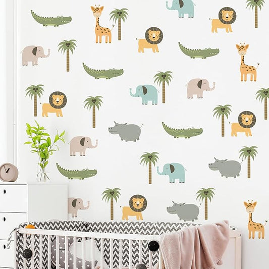 5PCS Cartoon Animal Wall Decal Removable DIY Elephant Hippopotamus Giraffe Lion Crocodile Wall Decal Peel and Stick Coconut Tree Wall Art for Baby Nursery Bedroom Living Room Playroom Decor (A)