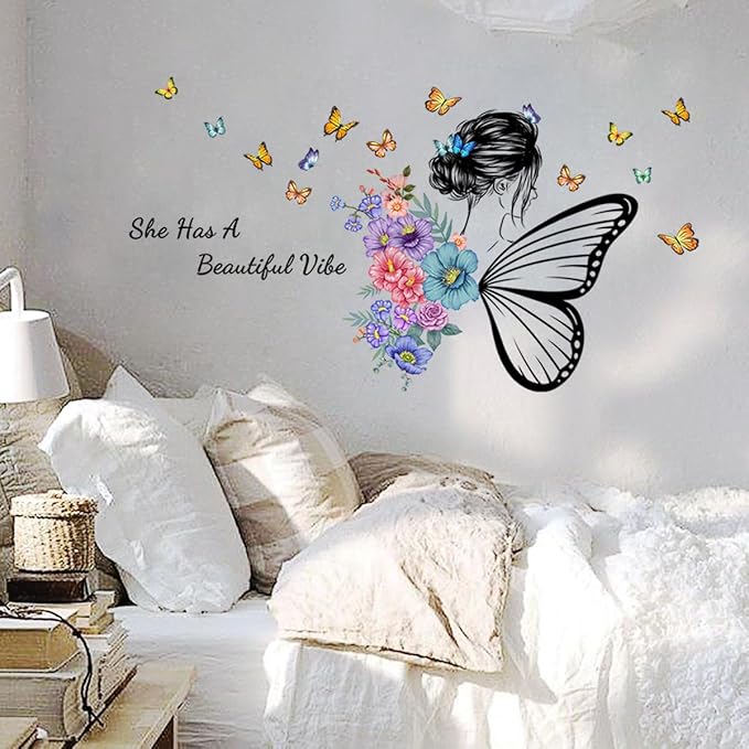 Butterfly Girl Wall Decals, Colorful Butterflies with Motivational Lettering Quotes Wall Stickers for Girls Baby Nursery Bedroom Playroom Vinyl Murals