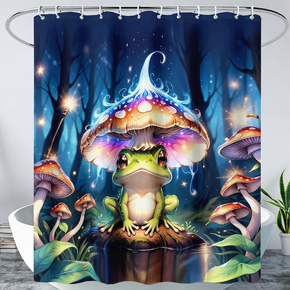 AILONEN Cartoon Frog Shower Curtain,Magic Mushroom Waterproof Fabric Bath Curtain for Kids Girls,Boho Style Tropical Amphibian Shower Curtain Set for Bathroom, 60" W*72" H