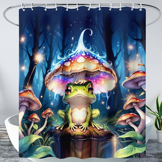 AILONEN Cartoon Frog Shower Curtain,Magic Mushroom Waterproof Fabric Bath Curtain for Kids Girls,Boho Style Tropical Amphibian Shower Curtain Set for Bathroom, 72" W*78" H