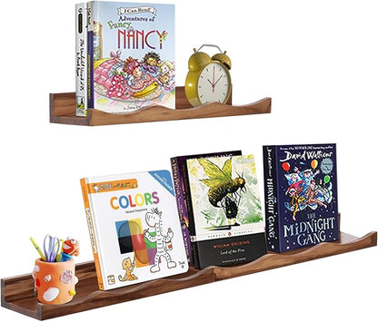 AZSKY Floating Bookshelf for Kids, Picture Ledge Shelf for Wall Decor and Storage 16 Inches Nursery Book Shelves Set 3, Baby Book Shelf for Kids Room Decor(Walnut)