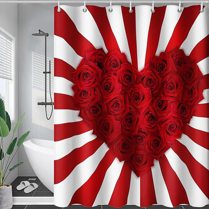 AILONEN Red Rose Hearts Print Shower Curtain for Bathroom, Romantic Flower Red and White Stripe Bathroom Decor 48" W*72" H Bath Curtain Polyester Waterproof Shower Curtain with 12 Hooks