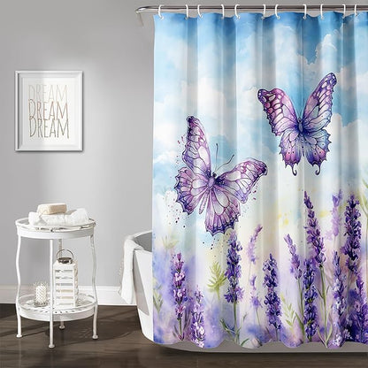 AILONEN Beautiful Butterfly Shower Curtain for Kids Girls Boys, Flying Butterfly Bath Curtains for Bathroom,Blossoming Lavender Flowers Shower Curtain Set with Hooks,72" W*84" H