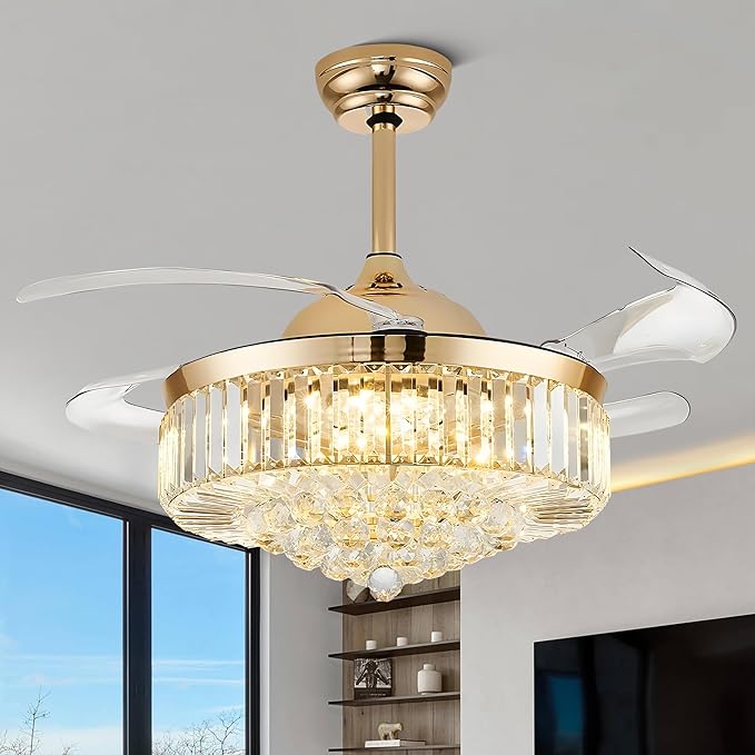 42'' Gold Crystal Chandelier Fan Fandelier Retractable Ceiling Fan with Light and Remote, Invisible Fandelier Ceiling Fan with Light for Bedroom Living Room(crystal-gold)