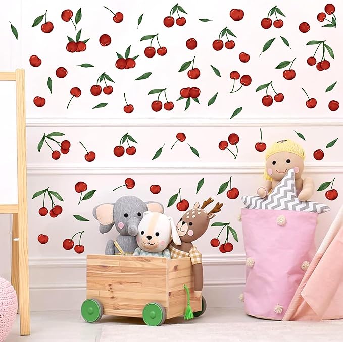 Red Cherry Wall Decals Cherries Fruit Wall Stickers Peel and Stick Kitchen Wall Stickers Removable Boho Green Leaves Wall Decals Watercolor Fruit Leaf Stickers for Nursery Bedroom Decor