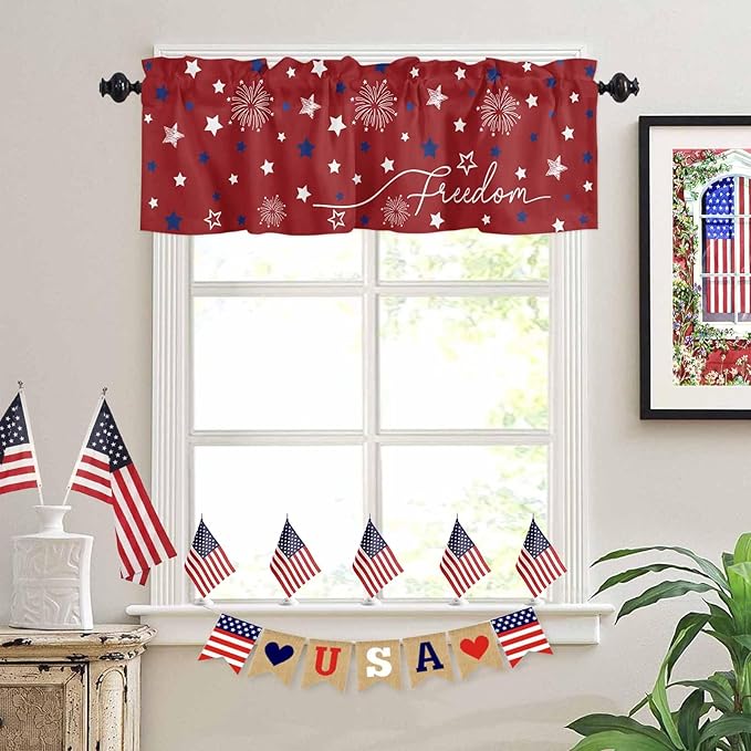 Patriotic 4th of July Kitchen Curtains Valances for Windows Red White Blue Stars Freedom Rod Pocket Window Treatment for Kitchen /Living Room/Bedroom/ Bathroom, 42" X 12", Memorial Day Summer
