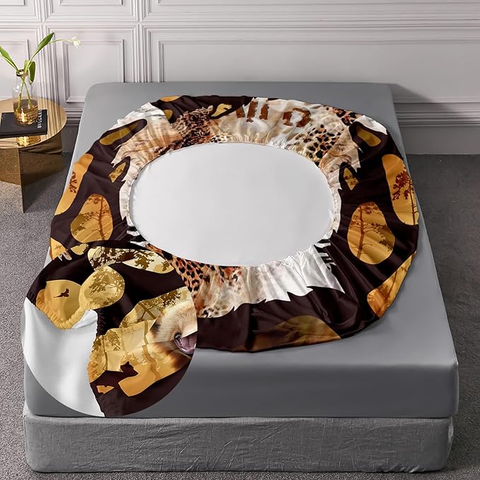 AILONEN Cute Bear Queen Fitted Sheet Set for Girls Boys, Bear Paw Sheet Leopard Print Fitted Sheet with 2 Pillowcases,3 Pieces Rustic Vintage Bear Bed Sheet Set