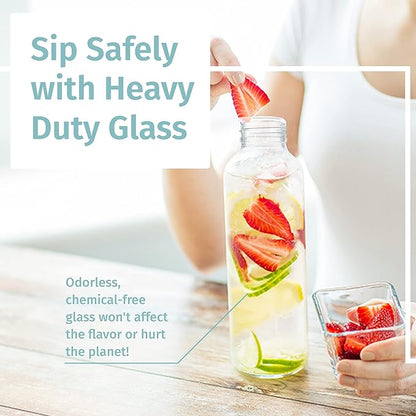 Glass Water Bottles 6 Pack With Sleeves and Stainless Steel Lids - 18oz Size - Leak Proof Caps, Reusable and Perfect For Travel and Storing Beverages Juice, Smoothies, Kombucha, Kefir, Tea