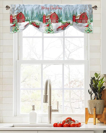 Red Truck Christmas Blackout Tie Up Valance Curtains for Kitchen Windows Merry Christmas Farmhouse Window Toppers Balloon Shades for Living Room/Bathroom/Bedroom,1 Panel, 60" X 18", Winter Xmas Tree