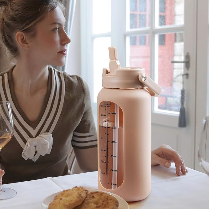 64 oz Glass Water Bottle with Straw and 2 Lids, Half Gallon Water Bottle with Sleeve, Large Insulated 2 Liter Glass Water Jug Time Marker with Handle - Light Amber