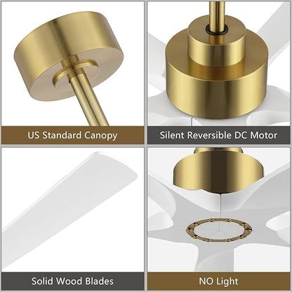 60 Inch Modern Ceiling Fan without Light, 5 Solid Wood Blades 6-Speed Noiseless Reversible DC Motor, Ceiling Fan with Remote Control for Bedroom Living Room, White Gold Finish