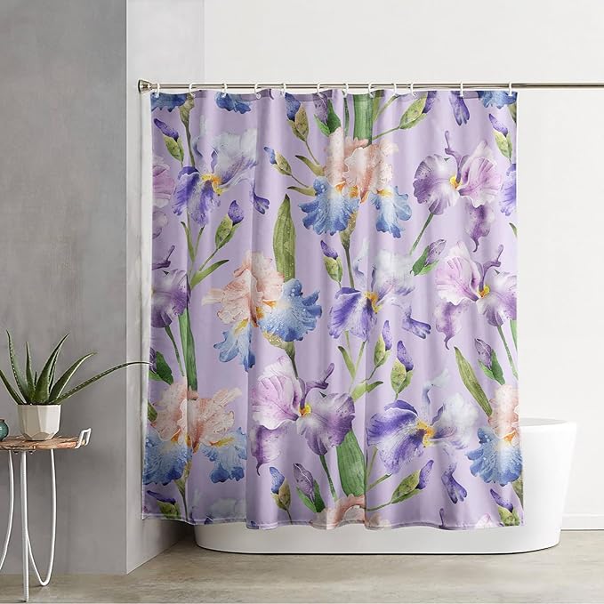 AILONEN Floral Shower Curtain, Pretty Purple Iris Pattern Shower Curtain Set for Girls Boys Teens Kids,Fantasy Vintage Flower Fabric Shower Curtains for Bathroom,36" W*72" H