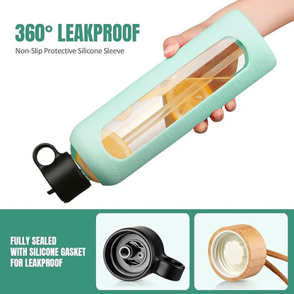 32oz Glass Water Bottle With 2 Lids-Flip Straw Lid, Bamboo Lid, Glass Water Bottle With Silicone Sleeve, Motivational Time Marker, Glass Juice Bottle for Cold Drink,Light Blue