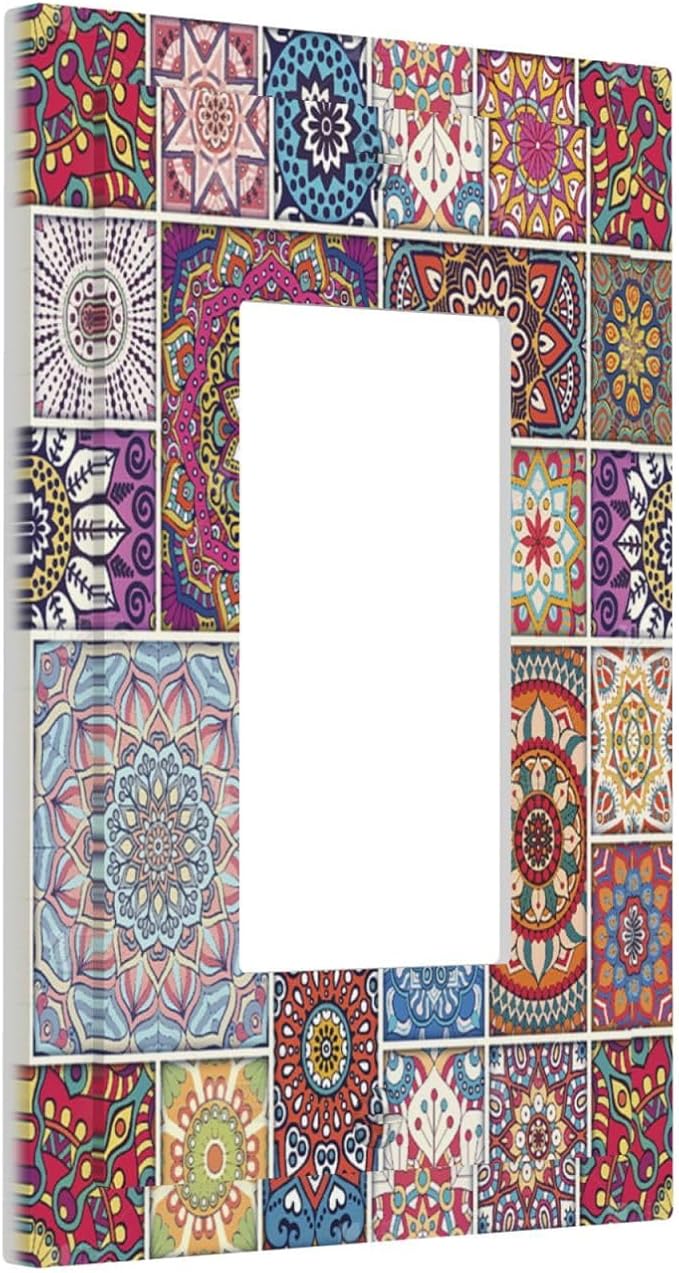 Morocco Talavera Mexican Tiles Printed Colroful Mandala 1 Gang Rocker Light Switch Covers Single Decora Outlet Wall Plate Decorative Switchplate Faceplate GFCI for Kitchen Bathroom Bedroom Decor