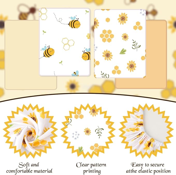 4 Pack Bees Crib Sheets for Girls Breathable Fitted Standard Crib Sheets Crib Sheets Girl for Standard Crib Mattress Baby Gift Set
