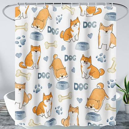 AILONEN Cute Dog Shower Curtain, Cartoon Shiba Inu Dog Bath Curtain,Pet Dog Paw Print Dog Lover Minimalist White Waterproof Curtain with 12 Plastic Hooks(48" W*72" H)