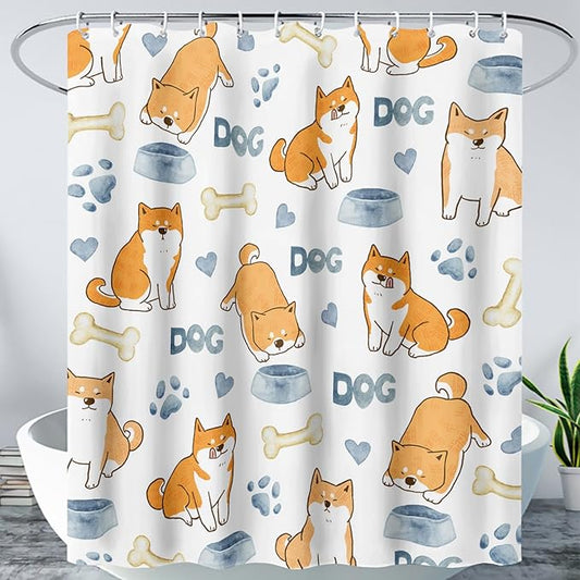 AILONEN Cute Dog Shower Curtain, Cartoon Shiba Inu Dog Bath Curtain,Pet Dog Paw Print Dog Lover Minimalist White Waterproof Curtain with 12 Plastic Hooks(72" W*84" H)