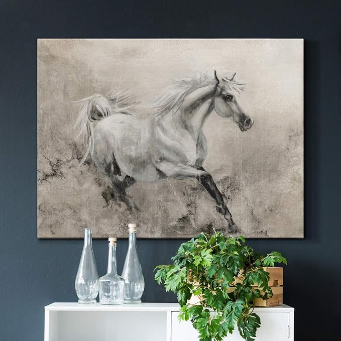 Renditions Gallery Canvas Animal Wall Art Modern Decorations Paintings Elegant Running Horse Abstract Black & White Figurative Artwork Prints for Bedroom Office Kitchen - 24"x36" LT33