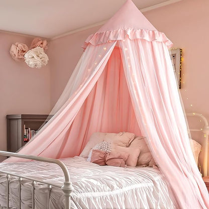Bed Canopy Drapes, Double Layer Canopies Netting Tent for Bed, Princess Fairy Bed Canopy with String Lights for Girls, Adults, Canopy Bed Curtains Mosquito Net, Pink, 27''x108''