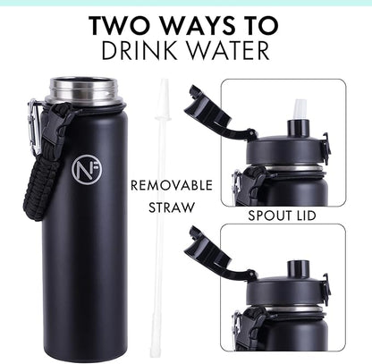 32 oz Insulated Water Bottle With Detachable Straw & Paracord Handle, Stainless Steel Thermos Water Bottle with Leakproof Lockable Lid, BPA-Free Sports Bottle (Black)