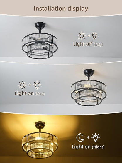 20" Black Crystal fandelier Ceiling Fan with Lights,Black Caged Chandelier Ceiling Fan with Light Remote Control,Enclosed Mid Century with 6 Speeds for Bedroom,Living Room,Nursery
