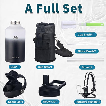 64oz Insulated Water Bottle with Paracord Handle,Half Gallon Water Bottle Jug with Straw & Spout Lids,Stainless Steel Sport Thermo Water Jug Leak-proof Keep Cold Hot for Outdoor Camping Hiking