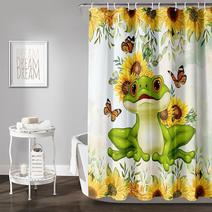 AILONEN Cartoon Frog Shower Curtain Yellow Sunflower Shower Curtain 48" W*72" H,Wildlife Frog Modern Botanical Floral 3D Printed Animal Bathroom Decor Shower Curtain with 12 Hooks