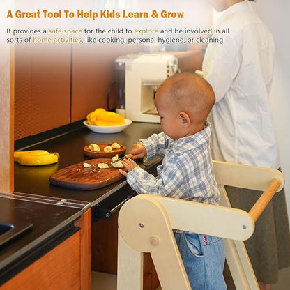 Kids Step Stool, Toddler Learning Tower, Easy Folding, Safety Rail with Lock, 3-Level Height Adjustable