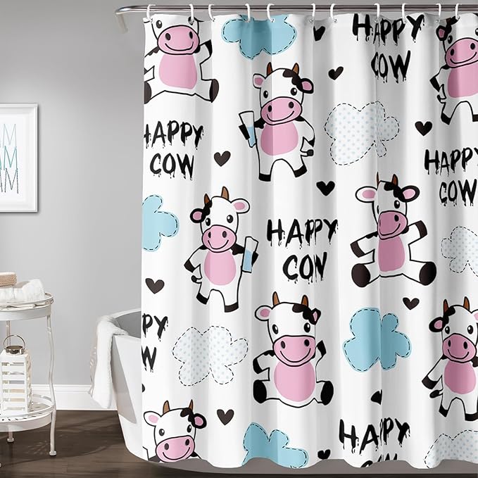 AILONEN Cute Cow Shower Curtain for Bathroom, Kids Children Cow Print Bathroom Curtain,Happy Cow Bath Curtain 36" W*72" H Polyester Waterproof Bathroom Curtain with 12 Hooks