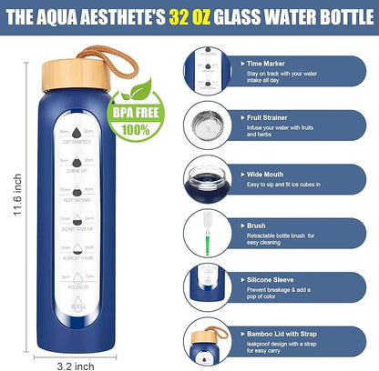 32 Oz Borosilicate Glass Water Bottle with Times to Drink | BPA Free - Reusable Wide Mouth Glass Motivational Water Bottles with Infuser & Silicone Sleeve (dark blue)
