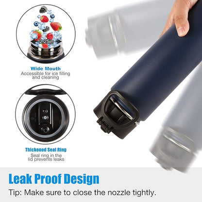 Volhoply 24 Ounce Insulated Water Bottle With Straw Lid,Stainless Steel Wide Mouth Sport Bottles With Handle,Double Wall Vacuum Thermos keep Cold,Reusable Travel Thermal Cups For Holder,Gym(Navy,1)