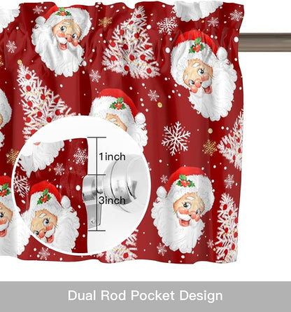 Red Christmas Valance Curtains for Kitchen Windows Santa Claus Merry Christmas Tree Rod Pocket Window Treatment Toppers for Kitchen/Living Room/Bedroom/Bathroom, 54" X 18", Winter Snowflake