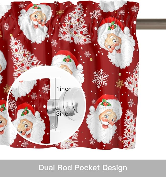 Red Christmas Valance Curtains for Kitchen Windows Santa Claus Merry Christmas Tree Rod Pocket Window Treatment Toppers for Kitchen/Living Room/Bedroom/Bathroom, 42" X 18", Winter Snowflake