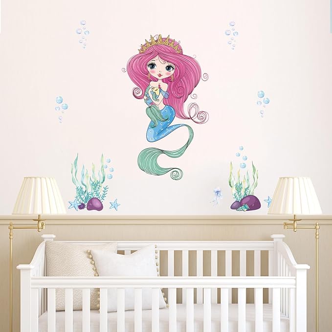 Mermaid Wall Decal for Girls Room, Princess Room Decor, Under The Sea Decorations, Ariel Little Mermaid Stickers, Vinyl Kids Wall Murals Peel and Stick for Bedroom Bathroom Nursery Living Room