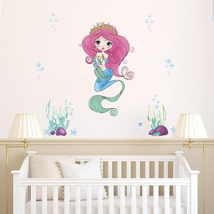 Mermaid Wall Decal for Girls Room, Princess Room Decor, Under The Sea Decorations, Ariel Little Mermaid Stickers, Vinyl Kids Wall Murals Peel and Stick for Bedroom Bathroom Nursery Living Room