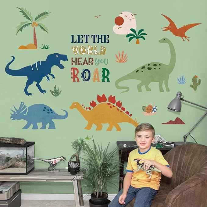 decalmile Boho Dinosaur Wall Decals Dino Palm Tree Wall Stickers Baby Nursery Boys Bedroom Playroom Wall Decor Gifts for Kids