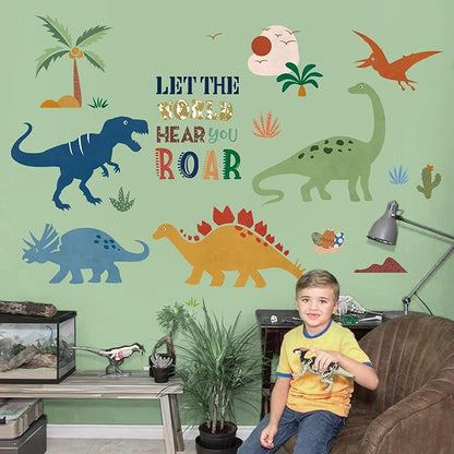 decalmile Boho Dinosaur Wall Decals Dino Palm Tree Wall Stickers Baby Nursery Boys Bedroom Playroom Wall Decor Gifts for Kids