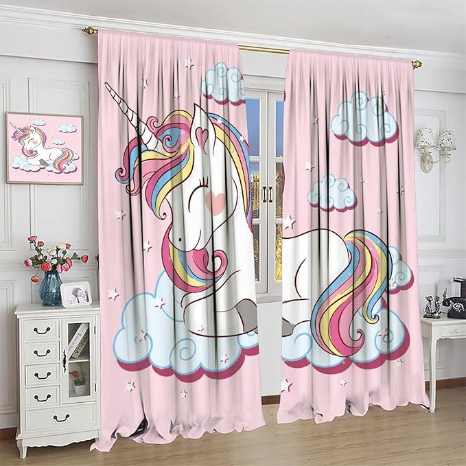 Unicorn Curtain for Kids Bedroom,Pink Cartoon Rainbow Darkening Curtains Decor Sliding Curtains Decorative Curtains for Girls Boys Baby Room,Living Room Decoration 84x84inch