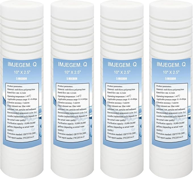 5 micron water filter 10 x 2.5 sediment filter,Be suitable for sediment filter for well water,Reduces sediment, sand, soil, silt and rust and is suitable for standard filter housing. (4 pack)