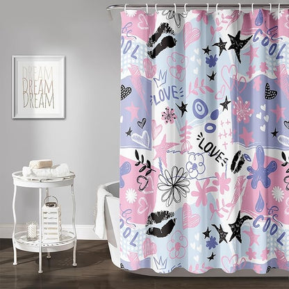 AILONEN Love Lipstick Shower Curtain,Stars with Flowers Theme Waterproof Fabric Shower Curtain Set for Girls Boys Kids Teens, 48" W*72" H Purple Graffiti Shower Curtain Set