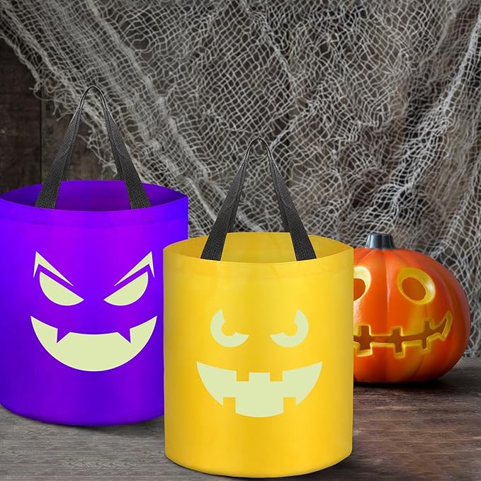 6 Pcs Halloween Glowing Trick or Treat Candy Bucket Halloween Multipurpose Basket Glowing Spooky Face Pumpkin Reusable Goody Bags for Halloween Supplies Favors