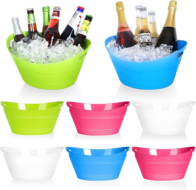 8Pcs Ice Bucket, Plastic Ice Buckets for Parties, Drink Buckets with Handles Beverage Buckets Oval Storage Plastic Tub for Wine Beer Champagne Bottles, 4.3Liter (Thickened version-2)